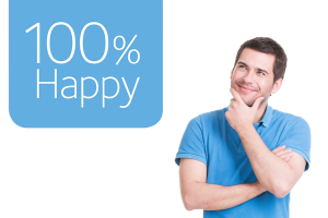 Guy in blue T-shirt thinking, on the left text saying 100% happy